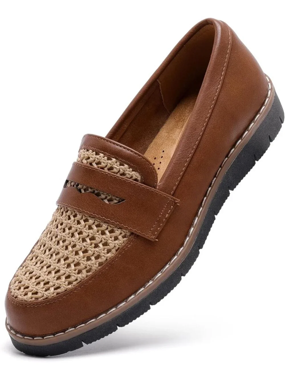 🆕Women's Brown Woven 1 Round Toe Platform Chunky Heeled Loafers Business Shoes